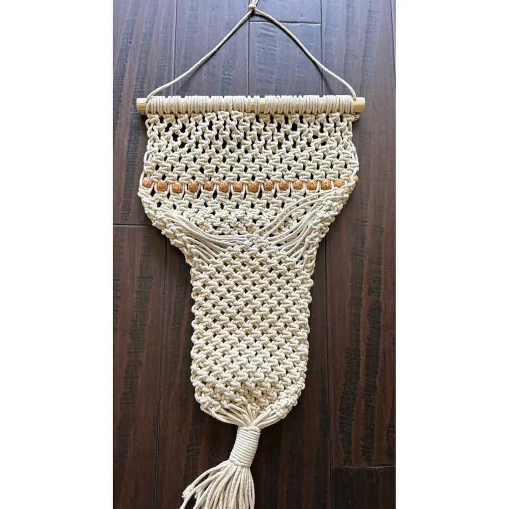 Handmade Macrame Hanging Plant Holder Hanger Wood Beads MCM Boho
